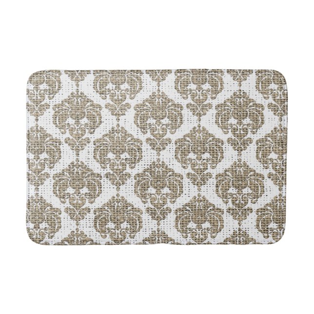 Rustic Glamour Burlap Royal Damask Chic Modern Bath Mat (Front)