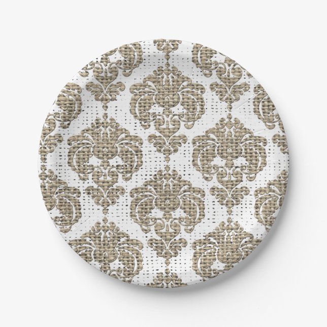 Rustic Glamour Burlap Royal Damask Chic Modern Paper Plate (Front)