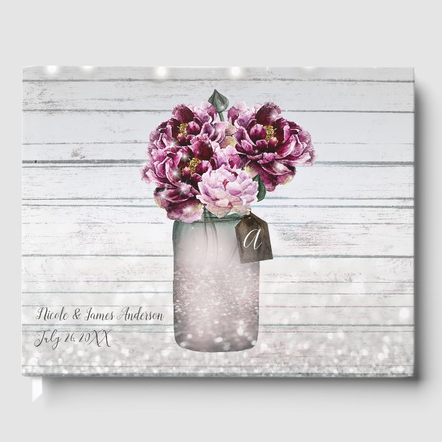 Rustic Glamour Wood & Burgundy Mason Jar Flowers Guest Book (Front)