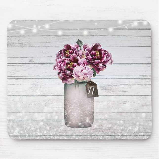 Rustic Glamour Wood & Burgundy Mason Jar Flowers Mouse Mat (Front)