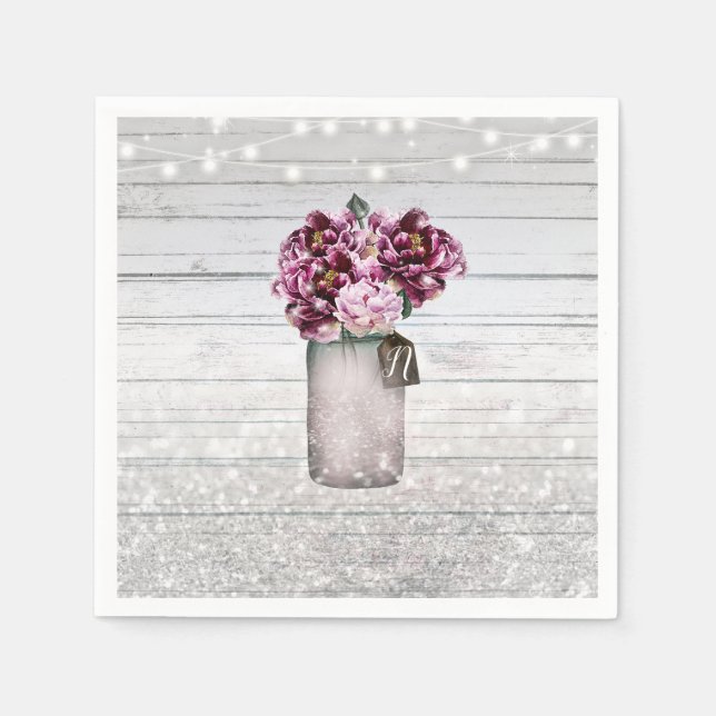 Rustic Glamour Wood & Burgundy Mason Jar Flowers Napkin (Front)