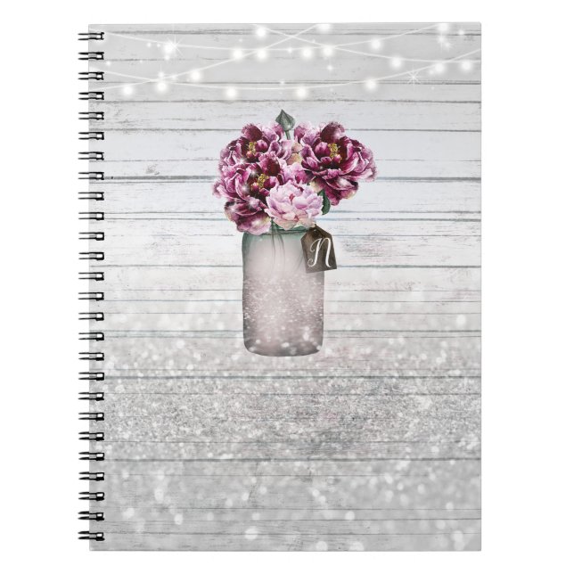 Rustic Glamour Wood & Burgundy Mason Jar Flowers Notebook (Front)