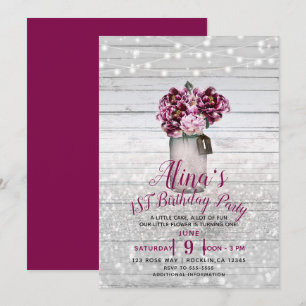 Rustic Glamour Wood Mason Jar Flowers 1st Birthday Invitation