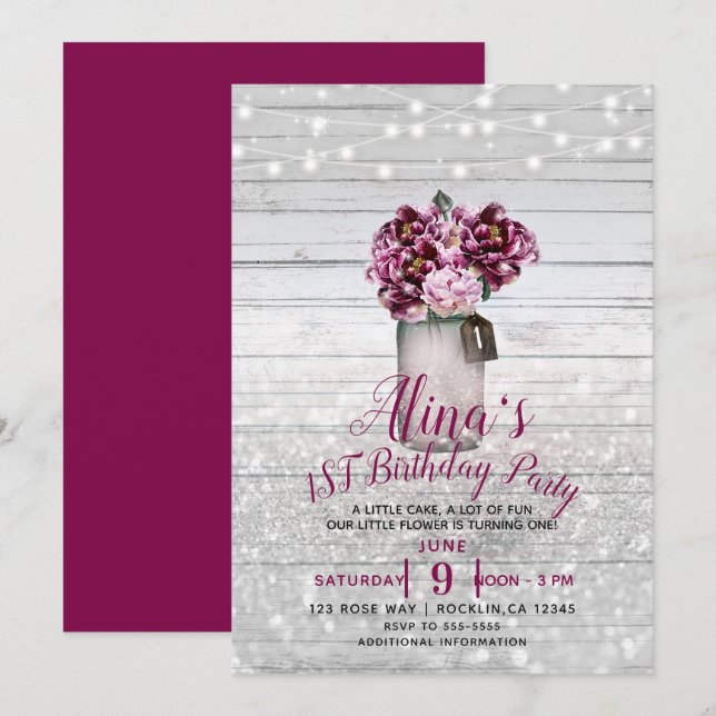 Rustic Glamour Wood Mason Jar Flowers 1st Birthday Invitation (Front/Back)