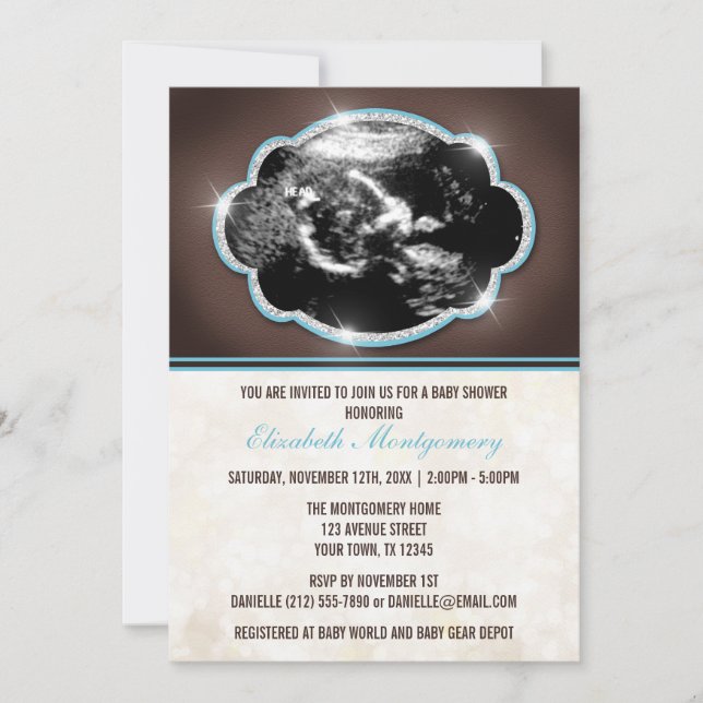 Rustic Glitter Blue Sonogram Baby Shower Invitation (Front)