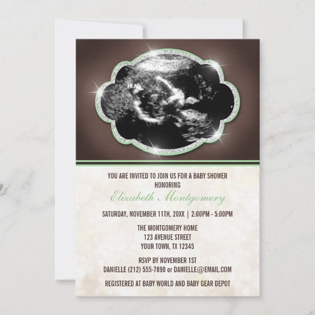 Rustic Glitter Green Sonogram Baby Shower Invitation (Front)