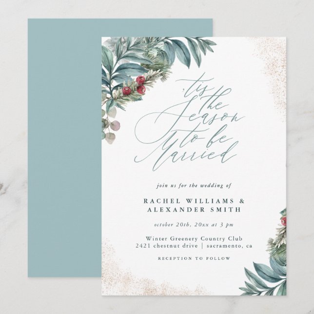 Rustic Glitter Greenery Tis The Season Wedding Invitation (Front/Back)