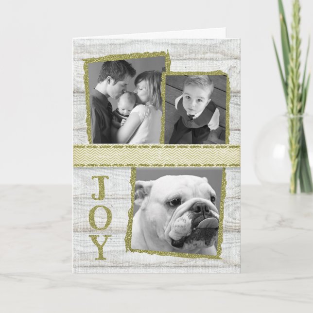 Rustic Glitter JOY holiday - custom 3 photos Card (Front)
