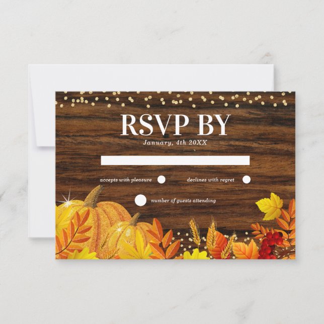 Rustic Glitter Pumpkin Autumn Wedding RSVP Card (Front)