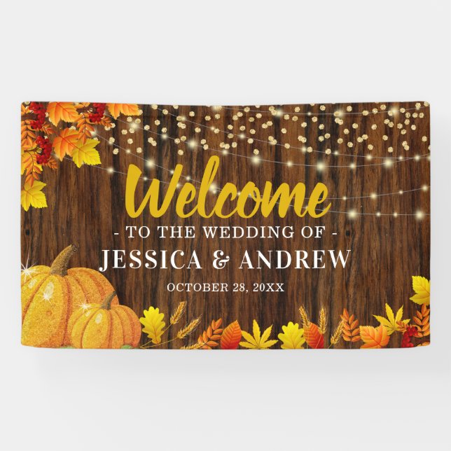 Rustic Glitter Pumpkin Autumn Wedding Welcome Banner (Horizontal)