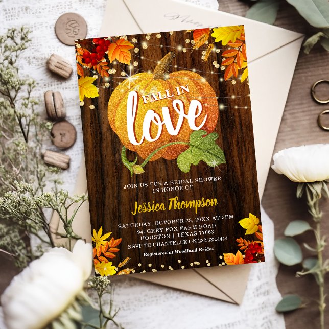 Rustic Glitter Pumpkin Fall in Love Bridal Shower Invitation (Creator Uploaded)