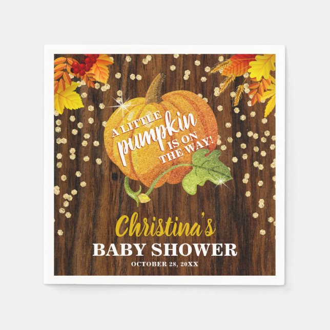 Rustic Glitter Pumpkin Fall Neutral Baby Shower Napkin (Front)
