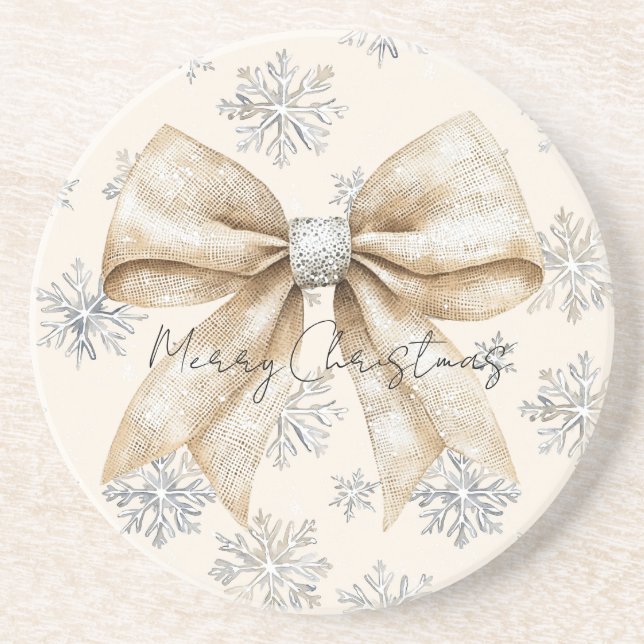 Rustic Glitzy Cream Bows Christmas   Coaster (Front)