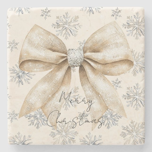Rustic Glitzy Cream Bows Christmas   Stone Coaster (Front)
