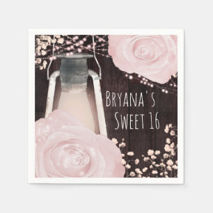 Rustic Glow Lantern Baby Pink Blush Roses Sweet 16 Napkin