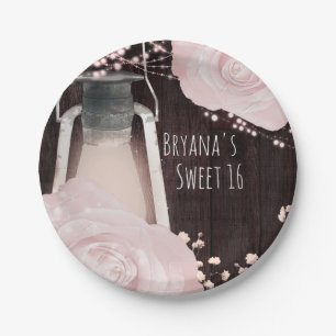 Rustic Glow Lantern Baby Pink Blush Roses Sweet 16 Paper Plate