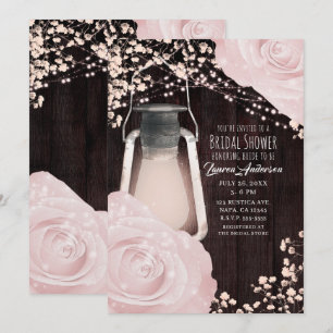 Rustic Glow Lantern Baby Pink Roses Bridal Shower Invitation