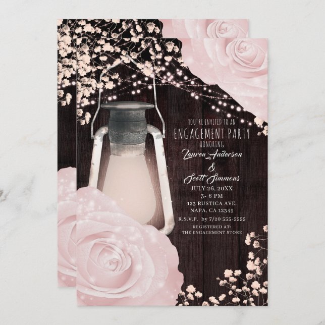 Rustic Glow Lantern Baby Pink Roses Engagement Invitation (Front/Back)