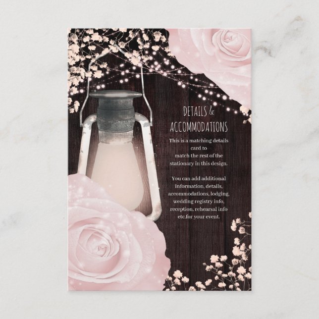Rustic Glow Lantern Baby Pink Roses Wedding Enclosure Card (Front)