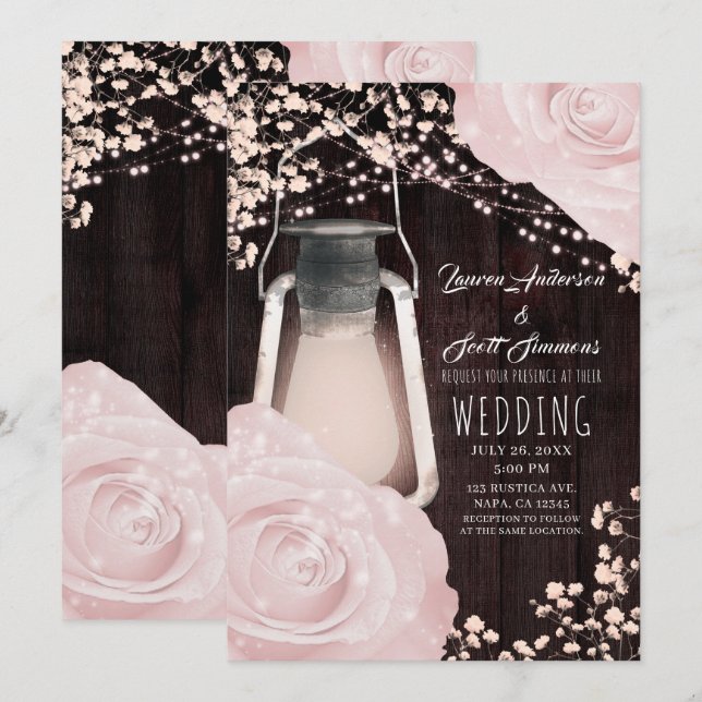 Rustic Glow Lantern Baby Pink Roses Wedding Invitation (Front/Back)