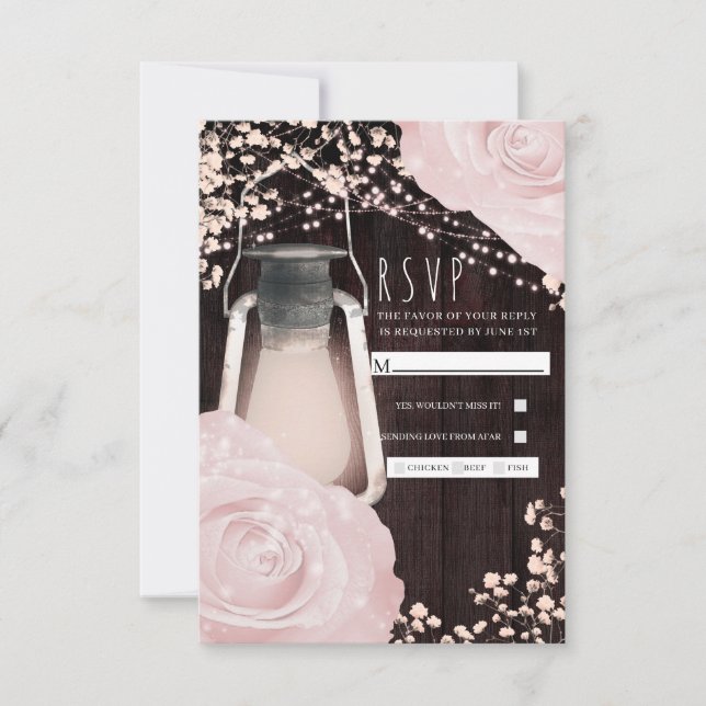Rustic Glow Lantern Baby Pink Roses Wedding RSVP (Front)