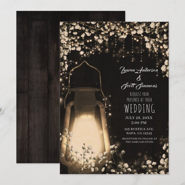 Rustic Glow Lantern & Baby's Breath Floral Wedding Invitation (Front/Back)