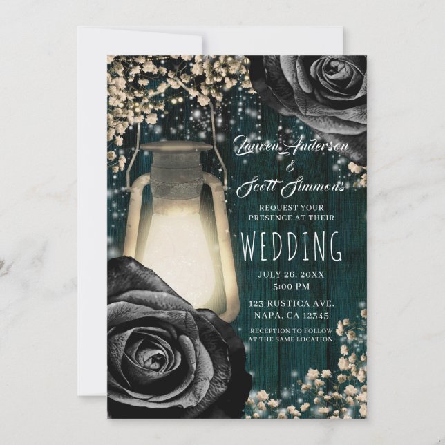 Rustic Glow Lantern Black Roses & Teal Wedding Invitation (Front)