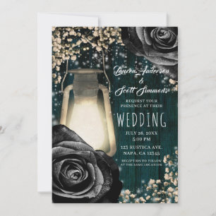 Rustic Glow Lantern Black Roses & Teal Wedding Invitation