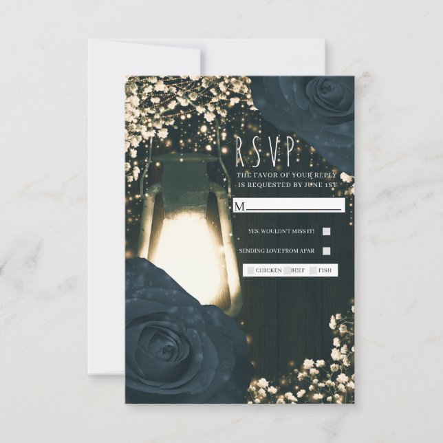 Rustic Glow Lantern Blue Black Roses Wedding RSVP (Front)