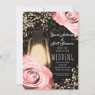 Rustic Glow Lantern Blush Peach Roses Wedding Invitation