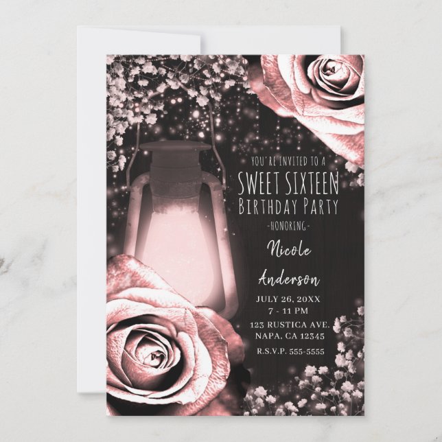 Rustic Glow Lantern Blushing Pink Roses Sweet 16 Invitation (Front)