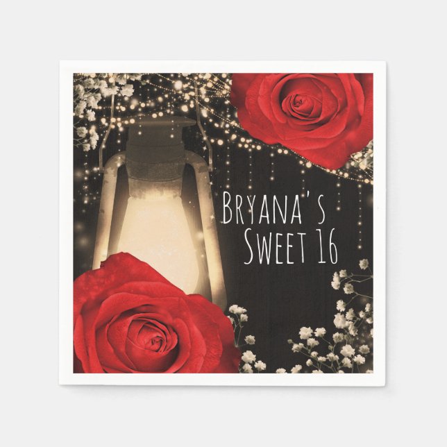 Rustic Glow Lantern Bright Red Roses Barn Wood Napkin (Front)