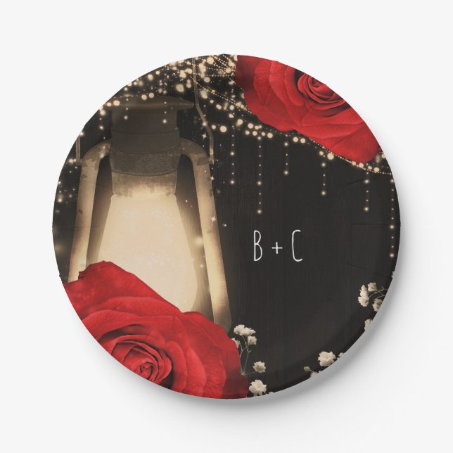 Rustic Glow Lantern Bright Red Roses Barn Wood Paper Plate (Front)