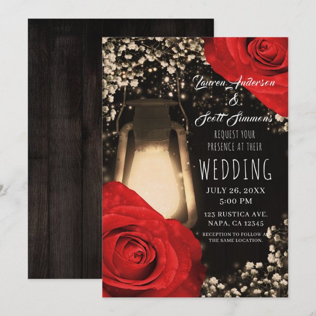 Rustic Glow Lantern Bright Red Roses Glam Wedding Invitation (Front/Back)