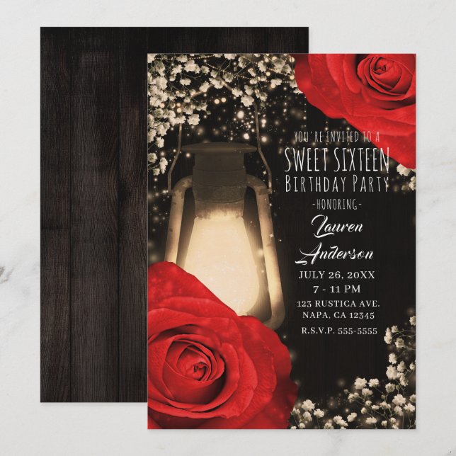 Rustic Glow Lantern & Bright Red Roses Sweet 16 Invitation (Front/Back)
