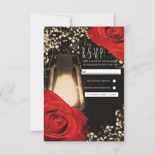 Rustic Glow Lantern Bright Red Roses Wedding RSVP Card (Front)