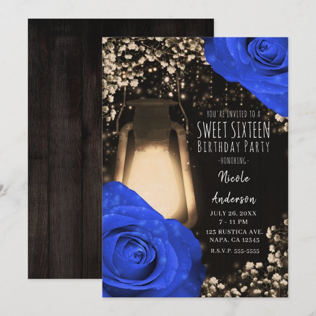 Rustic Glow Lantern & Cobalt Blue Roses Sweet 16 Invitation (Front/Back)