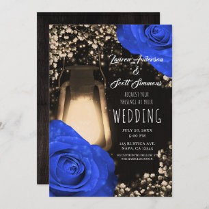 Rustic Glow Lantern & Cobalt Blue Roses Wedding Invitation