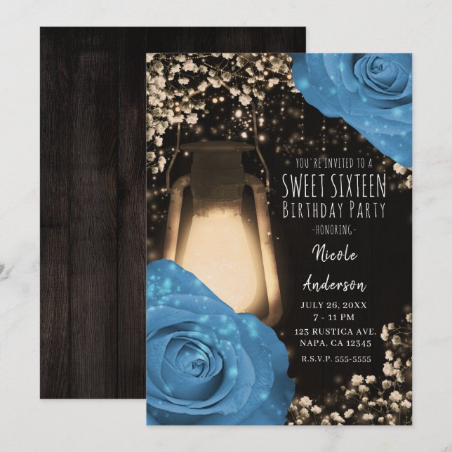 Rustic Glow Lantern Cornflower Blue Roses Sweet 16 Invitation (Front/Back)