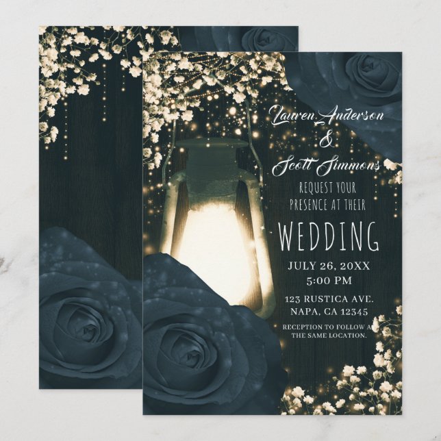 Rustic Glow Lantern & Dark Blue Roses Wedding Invitation (Front/Back)