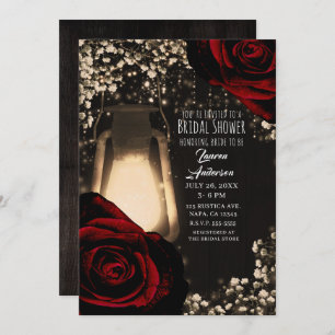 Rustic Glow Lantern & Dark Red Roses Bridal Shower Invitation