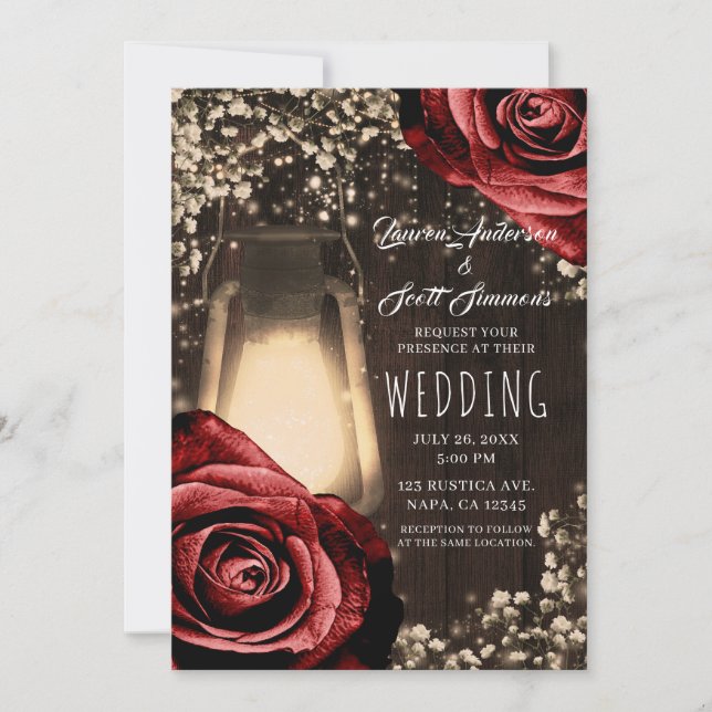 Rustic Glow Lantern Dark Red Roses & Brown Wedding Invitation (Front)