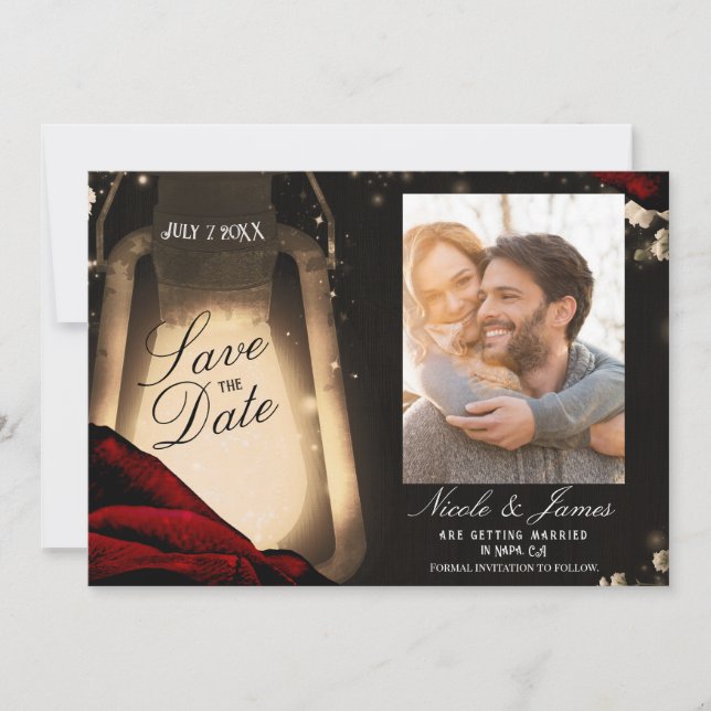 Rustic Glow Lantern & Dark Red Roses Save the Date Invitation (Front)