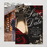 Rustic Glow Lantern & Dark Red Roses Save the Date
