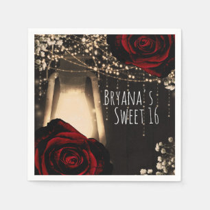 Rustic Glow Lantern Dark Red Roses Sweet 16 Glam Napkin