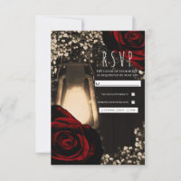 Rustic Glow Lantern & Dark Red Roses Wedding RSVP