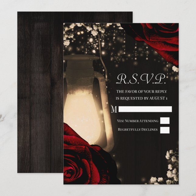 Rustic Glow Lantern & Dark Red Roses Wedding RSVP  Invitation (Front/Back)