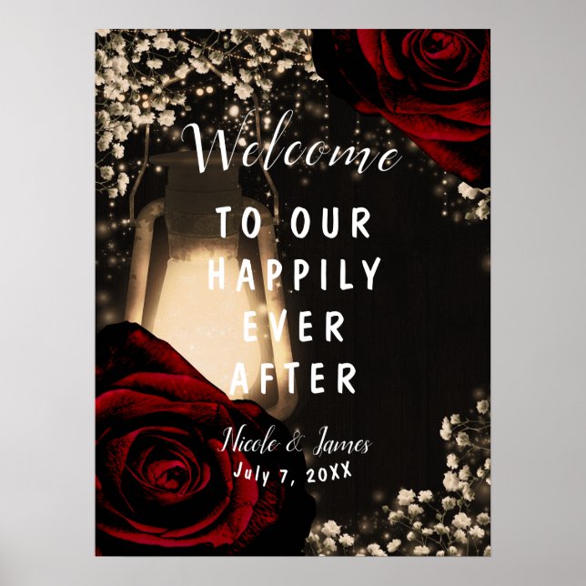 Rustic Glow Lantern Dark Red Roses Wedding Welcome Poster (Front)