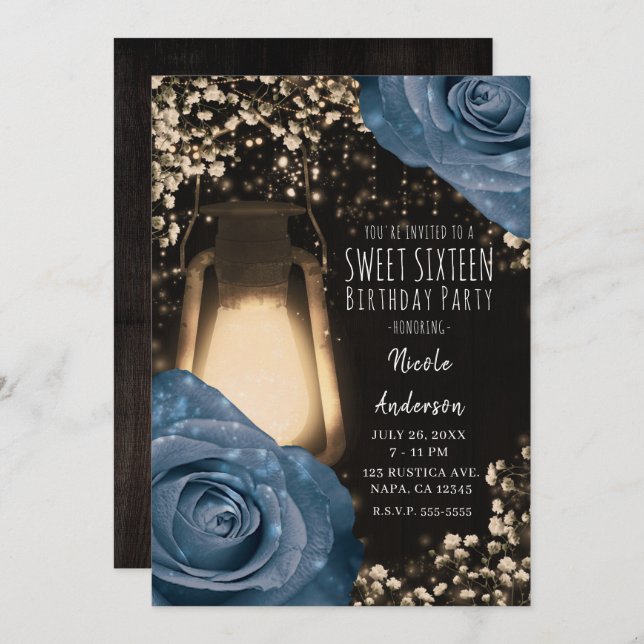 Rustic Glow Lantern Dusty Blue Roses Sweet 16 Invitation (Front/Back)