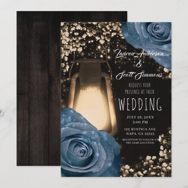 Rustic Glow Lantern Dusty Blue Roses Wedding Invitation (Front/Back)
